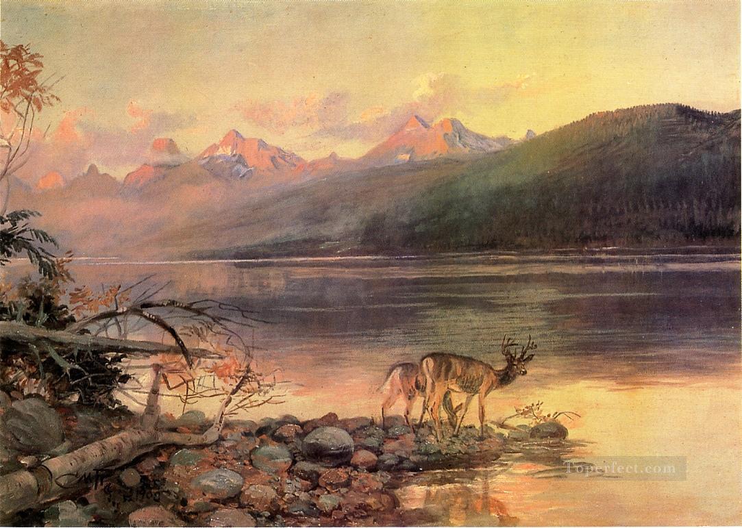 Ciervos en el lago McDonald paisaje Charles Marion Russell Indiana Pintura al óleo